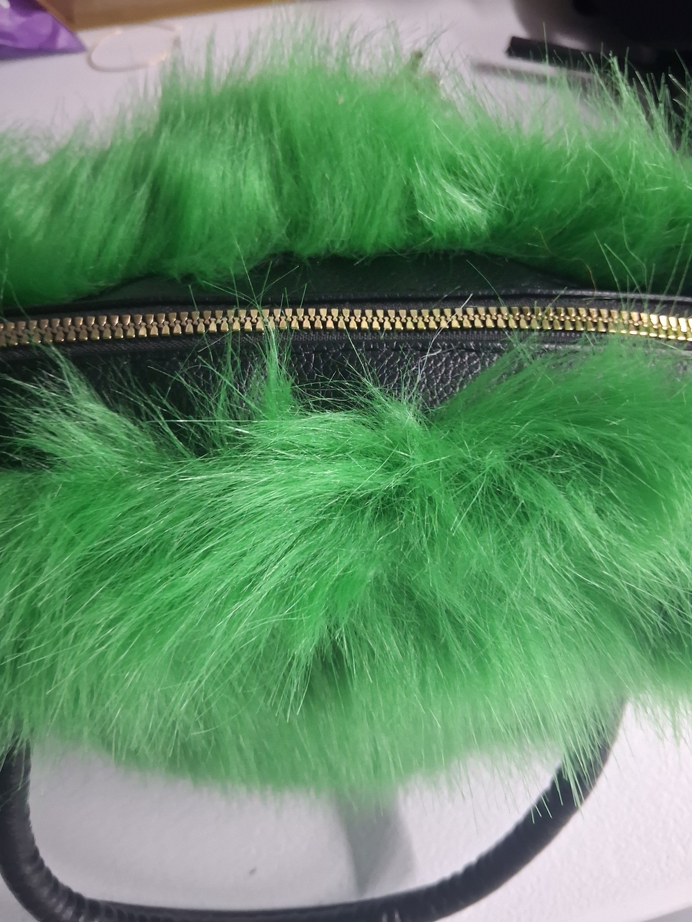 Green Faux Fur Handbag with Black Handles - Picture 2 of 7